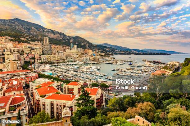 Monte Carlo Marine With Yachts And Sail Boats And Town View At Sunset Stock Photo - Download Image Now