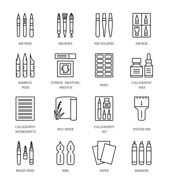 ilustrações, clipart, desenhos animados e ícones de materiais e ferramentas de caligrafia. ícones de linha do vetor. - bamboo fountain illustrations