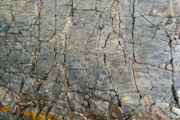 Textures and shapes of rock formation shelves and rock walls. Created by the ongoing movement and erosion on the coast.