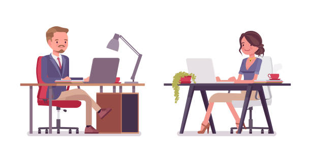 Male and female office secretary working at desk Male and female office secretary working at desk. Smart man and attractive woman in elegant wear, assisting in paper work. Business workwear trend, city fashion. Vector flat style cartoon illustration secretary stock illustrations