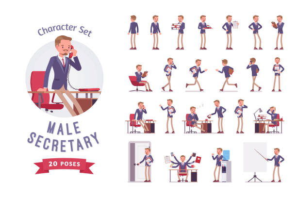 stockillustraties, clipart, cartoons en iconen met mannelijke kantoor secretaris kant-en-klare tekenset - male employee office