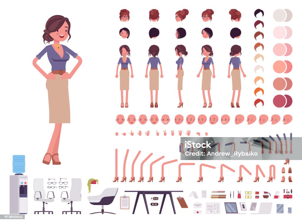 Female office sexy secretary creation set Female office sexy secretary creation set. Attractive woman helper in work and business. Full length, different views, emotions, gestures. Build own design. Cartoon flat-style infographic illustration Characters stock vector