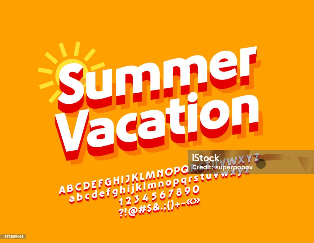 Vector Sunny Poster Summer Vacation Isometric Font with Red Shadow. 3D Alphabet Letters, Numbers and Symbols Typescript stock vector