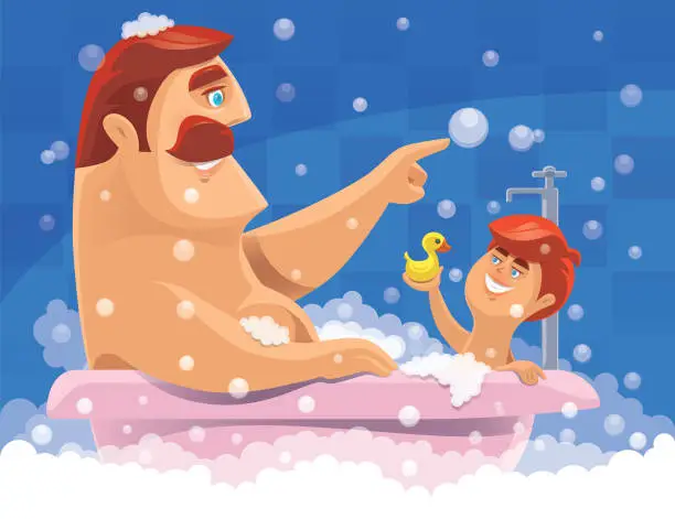 Vector illustration of father and son having fun of bathing together