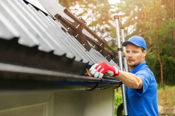 worker cleaning house gutter from leaves and dirt worker cleaning house gutter from leaves and dirt roof gutter photos stock pictures, royalty-free photos & images