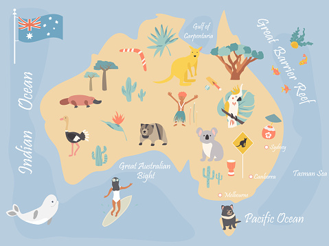 Map of Australia with landmarks and wildlife. Travel cards