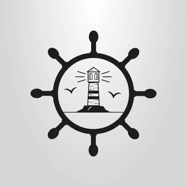 Vector illustration of simple vector pictogram of lighthouse with seagulls in the sea helm frame