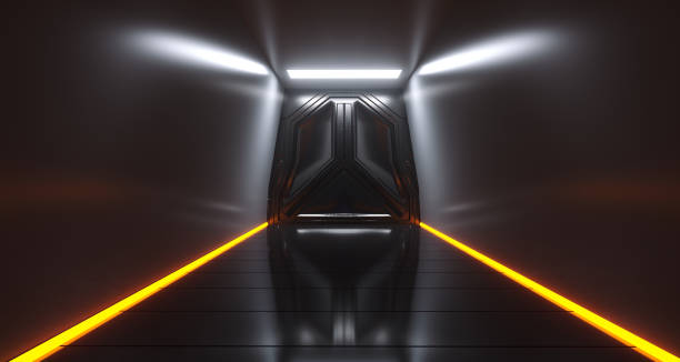 istock Futuristic Sci-Fi Metal Spaceship Gate In Dark Tunnel With Abstract Neon Lights 3D Rendering 973858426