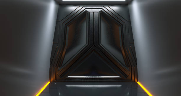 istock Futuristic Sci-Fi Metal Spaceship Gate In Dark Tunnel With Abstract Neon Lights 3D Rendering 973860550