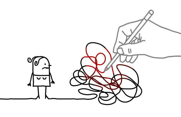 istock Big Drawing Hand with Cartoon Woman - Tangled Path 973861568