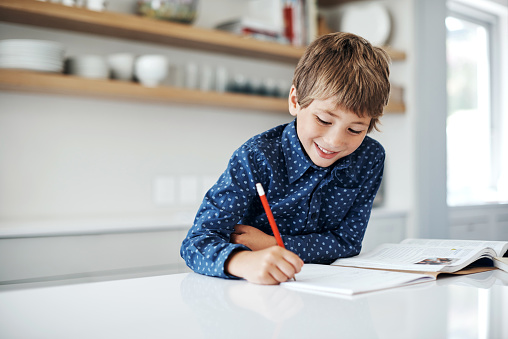 Shot of a little boy doing his homework at home