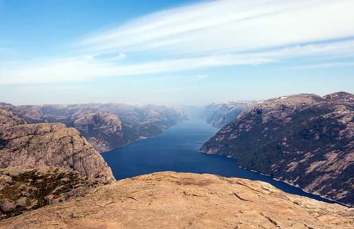 Pulpit Rock at Lysefjorden in Norway. The most famous tourist attraction in Ryfylke, towers an impressive 604 metres over the Lysefjord. Aerial view.