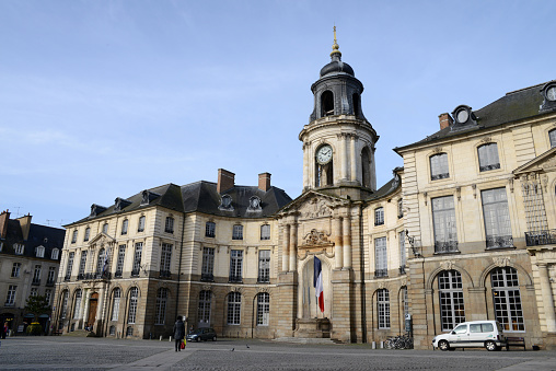 Hotel de Ville, Brussels: Elaborate 15th Century gothic building, viewed from the inner courtyard from a low angle.