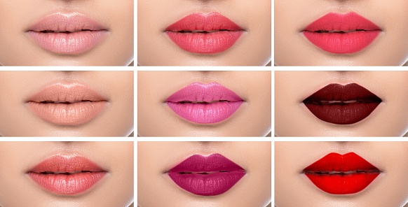 Set or collage female lips with different color of lipsticks on the female lips.
