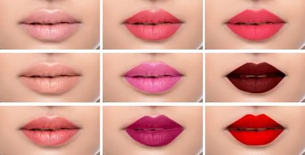 Photo of Set or collage female lips with different color of lipsticks on the female lips.