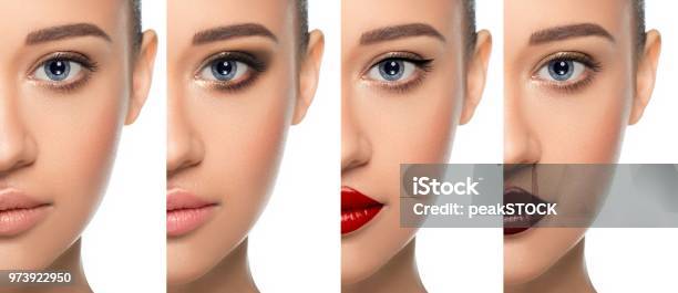 Collage Different Types Of Makeup On One Woman Face Stock Photo - Download Image Now