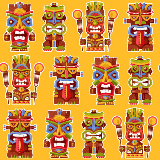 ilustrações de stock, clip art, desenhos animados e ícones de multi-colored tiki totem poles. hawaii. seamless background pattern. - native american statue wood carving