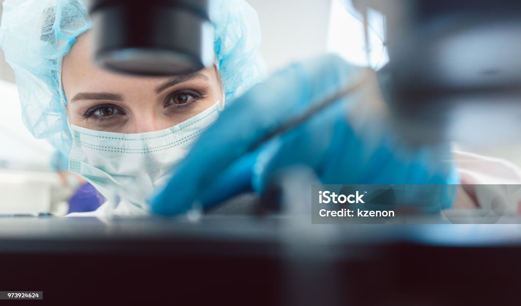 Medico o tecnico di laboratorio che regola l'ago per fecondare un uovo umano - Foto stock royalty-free di Laboratorio