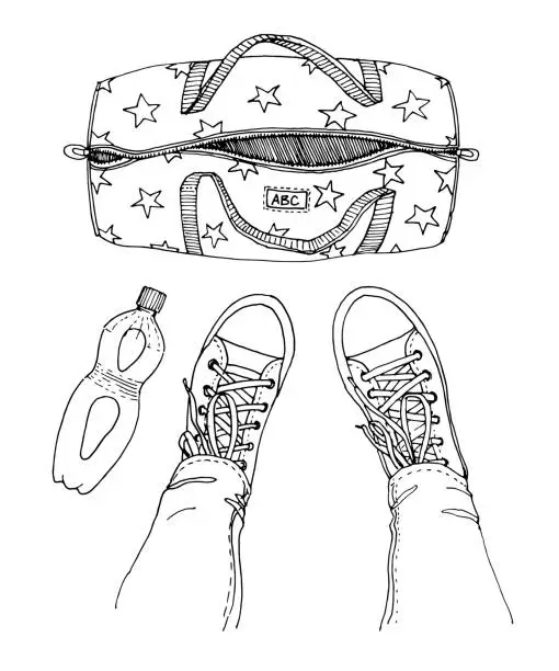 Vector illustration of Vector illustration of sports bag, bottle of water and legs in sports shoes, gumshoes. Black and white sketch. View from above