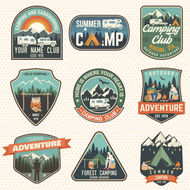 Set of Summer camp badges. Vector. Concept for shirt or icon, print, stamp, patch or tee Set of Camping and caravanning club badges. Vector. Concept for shirt or icon, print, stamp, patch or tee. Vintage typography design with camp trailer, man with guitar, forest and mountain silhouette. trailer home stock illustrations