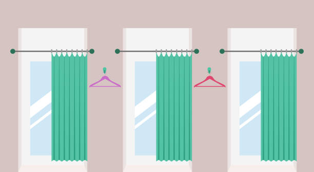 Fitting rooms with curtains and mirrors in a clothes shop Row of vacant fitting rooms with open curtains and mirrors inside in a fashion shop. Cabins for trying on clothes in a shopping mall. Vector illustration. fitting room stock illustrations