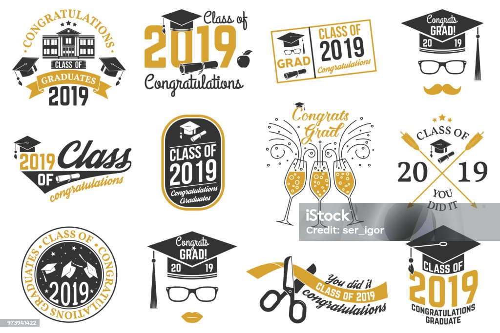 Vector Class of 2019 badge Set of Vector Class of 2019 badges. Concept for shirt, print, seal, overlay or stamp, greeting, invitation card. Typography design- stock vector. Graduation stock vector