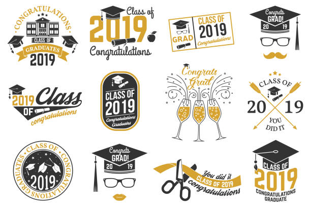 Vector Class of 2019 badge Set of Vector Class of 2019 badges. Concept for shirt, print, seal, overlay or stamp, greeting, invitation card. Typography design- stock vector. 2019 stock illustrations