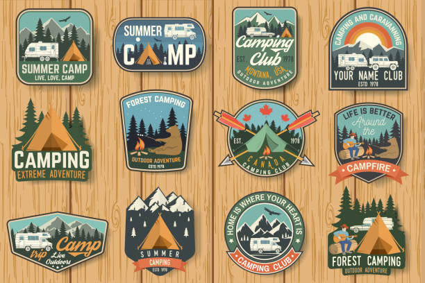 Set of Summer camp badges on the wood board. Vector Set of Summer camp badges on the wood board. Vector. Concept for shirt , print, stamp, travel badges or tee. Design with rv trailer, camping tent, campfire, pot on the fire, axe and forest silhouette camping illustrations stock illustrations