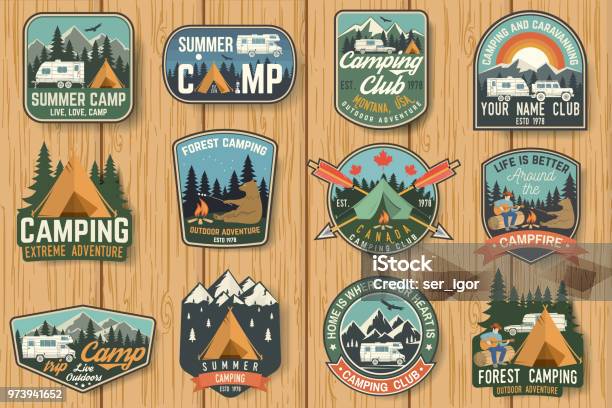 Set Of Summer Camp Badges On The Wood Board Vector Stock Illustration - Download Image Now