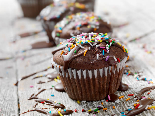 petits gâteaux au chocolat avec glaçage fudge et sprinkles - cupcake chocolate icing candy photos et images de collection