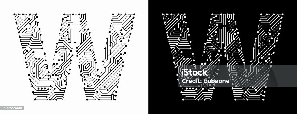 Letter W in Black And White Circuit Board Font Letter W in Black And White Circuit Board Font. The text is rendered with the circuit board linear pattern and creates a seamless pattern that completely fills the outline of the text. The pattern is ideal for technology and innovation concepts. Two variations include in this illustration. The black wireframe circuit board in black on white background and the reverse white text on the black background. Black And White stock vector