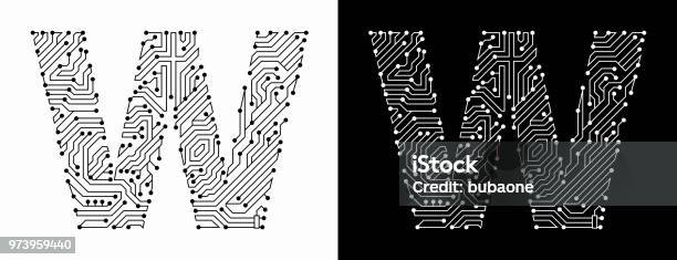 Letter W In Black And White Circuit Board Font Stock Illustration - Download Image Now - Black And White, Black Background, Circle