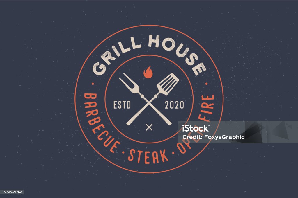 Label for Grill House restaurant Label for Grill House restaurant with grill fork, text typographic Grill House, Barbecue, Steak, Open Fire. Graphic template for restaurant, bar, cafe, food court and menu, label. Vector Illustration Barbecue Grill stock vector