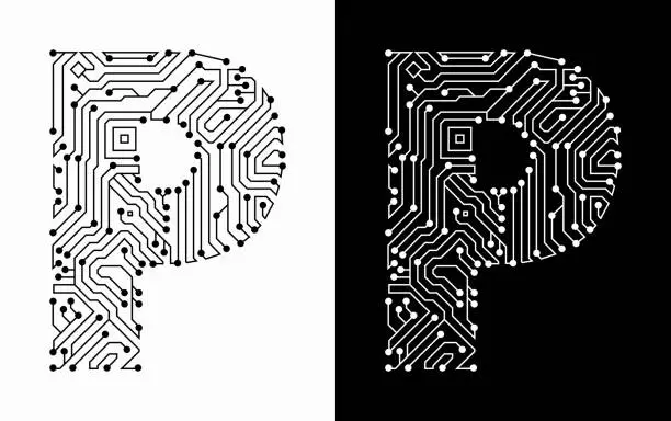 Vector illustration of Letter P in Black And White Circuit Board Font