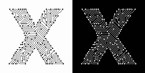 litera x w czarno-białej czcionce płytki drukowanej - letter x illustrations stock illustrations