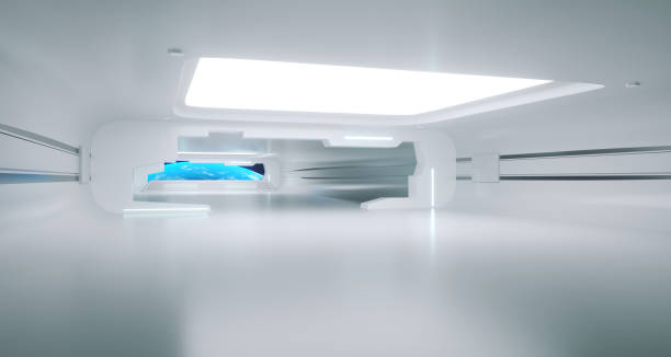istock Bright Clean Futuristic Sci-Fi Space Ship Corridor With Earth View.3d Rendering. Elements of this image furnished by NASA 973969736