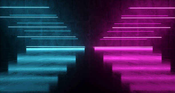 istock Purple And Blue Shaped Neon Lights On Concrete Wall With Reflections On The Floor. 3D Rendering 973971510