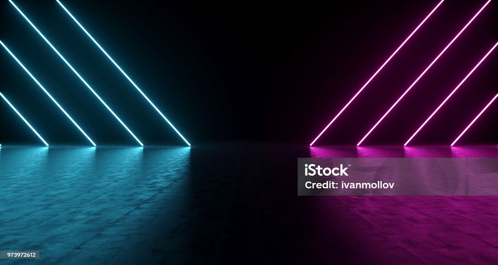 Purple And Blue Shaped Neon Lights With Reflections On The Floor. 3D Rendering Purple And Blue Shaped Neon Lights With Reflections On The Floor. 3D Rendering  Illustration Neon Lighting Stock Photo