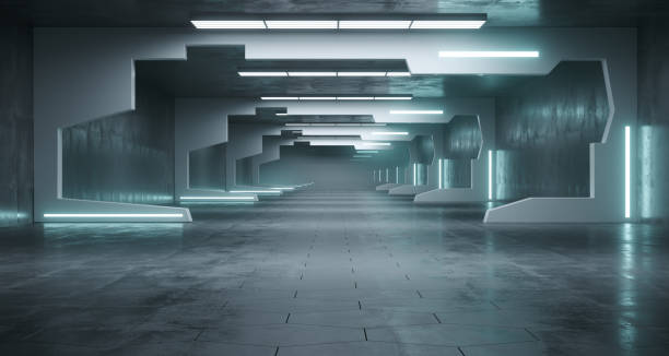 istock Futuristic Sci-Fi Space Ship Corridor With Blue Led Lights And Conrete Hexagon Floor.3d Rendering 973973036