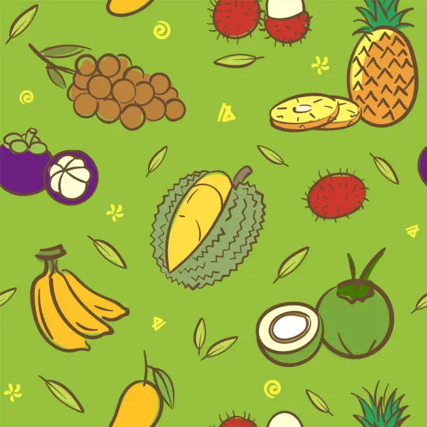 Vector illustration of Mix tropical Thai fruits seamless pattern background vector format in hand drawing cartoon style