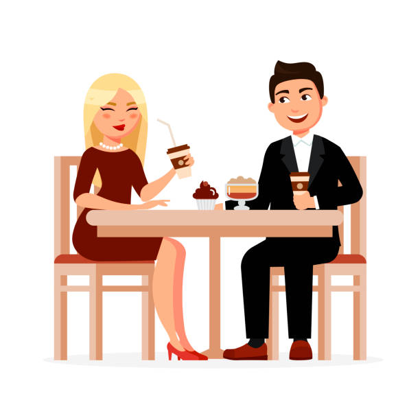 junges paar trinkt kaffee mit dessert im café mit kaffee-pause und im chat flach vektor-illustration. mann und frau, frühstücken im restaurant isoliert auf weißem hintergrund. - isolated on white breakfast cafe office stock-grafiken, -clipart, -cartoons und -symbole