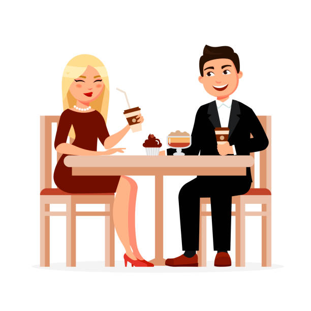 ilustrações de stock, clip art, desenhos animados e ícones de young couple drinks coffee with desserts at the cafe having coffee break and chatting vector flat illustration. man and woman having breakfast at the restaurant isolated on white background. - isolated on white breakfast cafe office