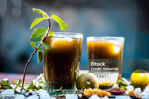 Close Up Of Asian Popular Summer Drink Ie Phudina Ka Shrbat Or Mint Drink With All Its Ingredients On A Wooden Surface Which Are Sugarmint Leaves With Its Extractlemonjaggery And Black Salt Stock Photo - Download Image Now