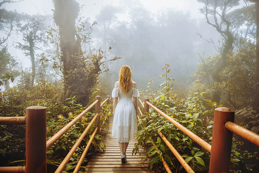 Girl walking on trekking path with railings in tropical forest jungle