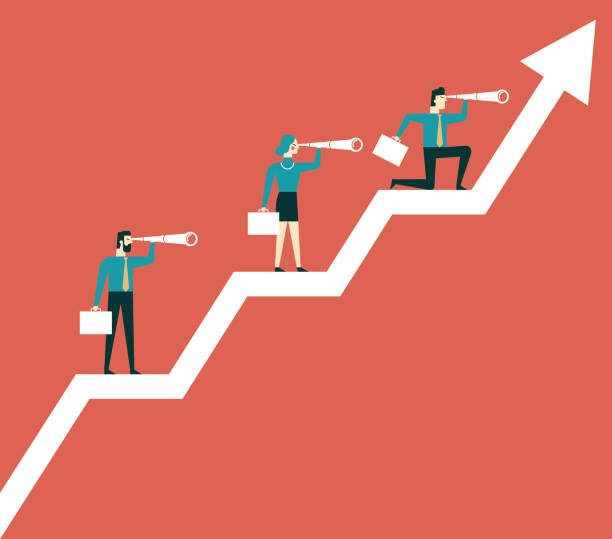 Business team standing on diagram Business man and woman have a telescope standing on graph up quotes about winning stock illustrations