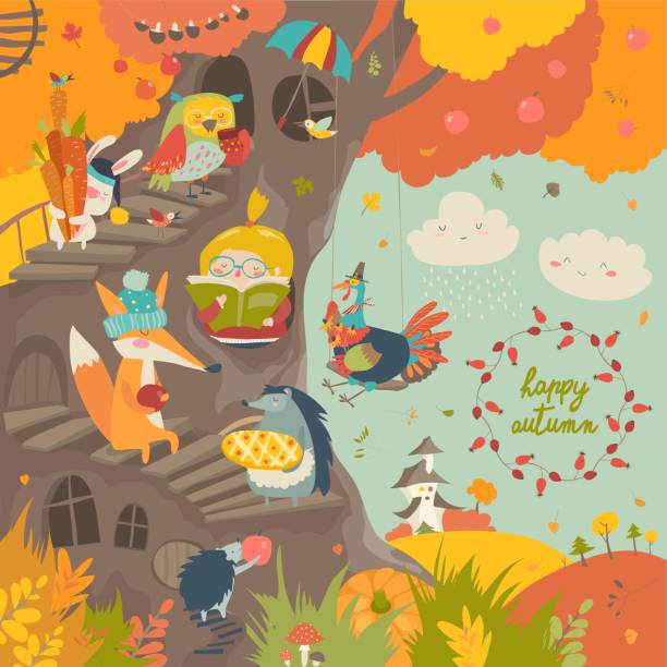 ładny domek na drzewie z małą dziewczynką i zwierzętami w jesiennym parku - forest hut window autumn stock illustrations