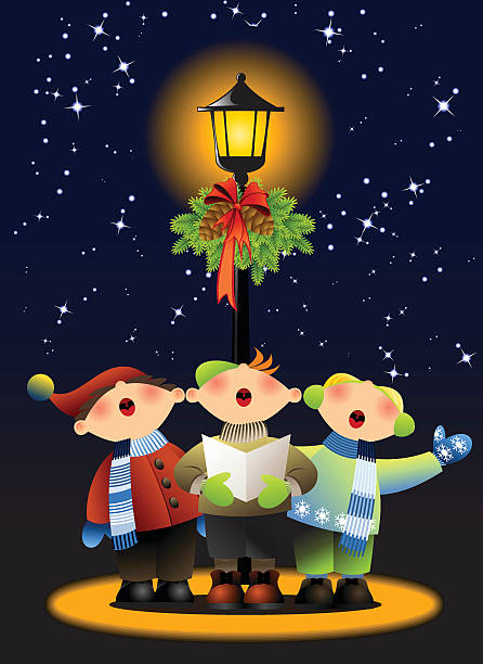 Cartoon image of three people singing Christmas carols vector art illustration