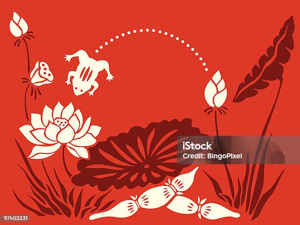 Leap Лягушка Lotus Изысков — стоковая векторная графика и другие изображения на тему Лотос - Лотос, Без людей, Векторная графика