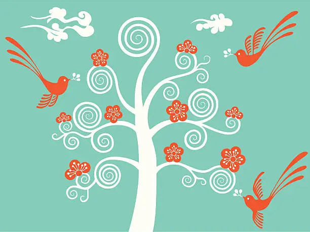 Vector illustration of Flower Blossom & Birds