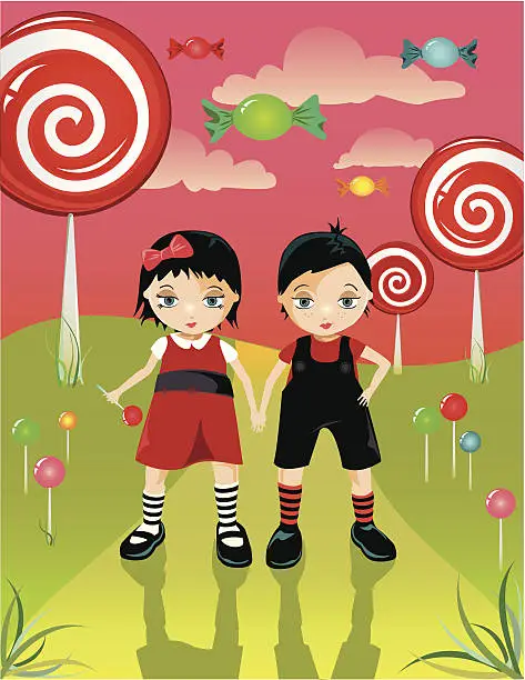 Vector illustration of Twin Sisters Holding Hands in Candy Land with Giant Lollipops